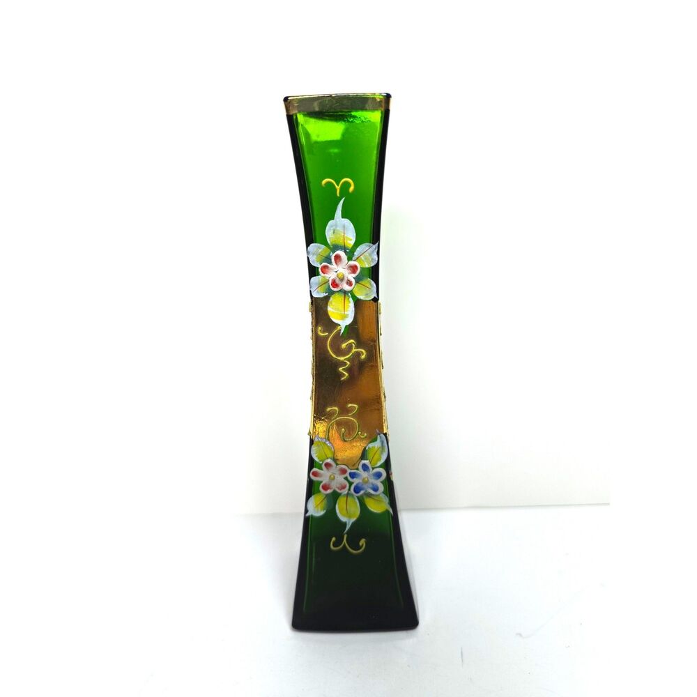 Vintage Glass Bud Vase Hand Painted Floral Gold Leaf Enamel Rich Green 6.75 In